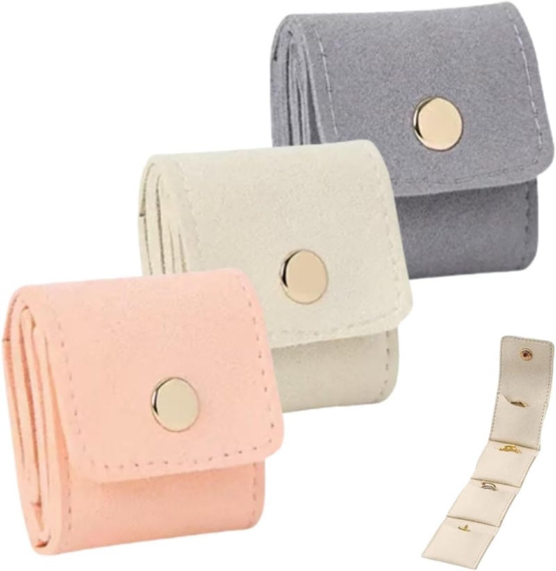 Wendyan Mini Travel Jewelry Bag, Mini Travel Jewelry Roll Bag with Buckle, Portable Foldable Travel Jewelry Organizer Case, Small Jewelry Box for Earrings, Rings, Necklaces (Gray+Pink+White) - Image 1